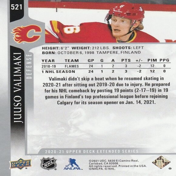 Juuso Valimaki - 2020/2021 Upper Deck Extended Series Hockey Card - Picture 2 of 2